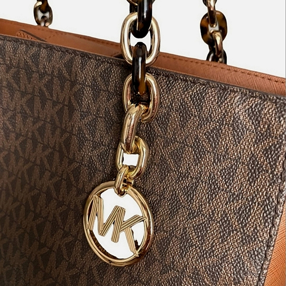 Michael Kors Large Signature Sofia Tote Saffiano Brown Leather Gold Logo Handbag